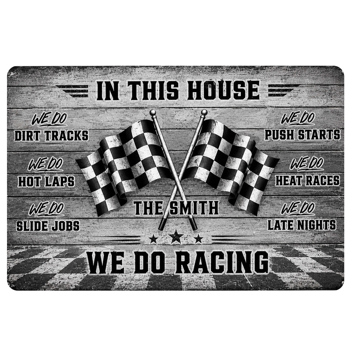 Racing doormat with crossed checkered flags, weathered wood design, bold lettering, and a black and gray finish