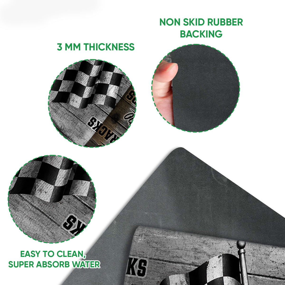 Racing doormat detail showing checkered flag artwork, felt-like printed surface, and black rubber backing