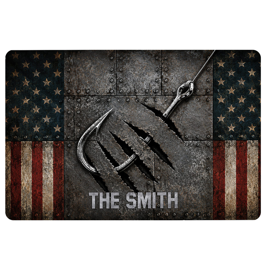 Fishing-themed doormat with large hooks, rugged metal texture, star-and-stripe border, and bold central lettering