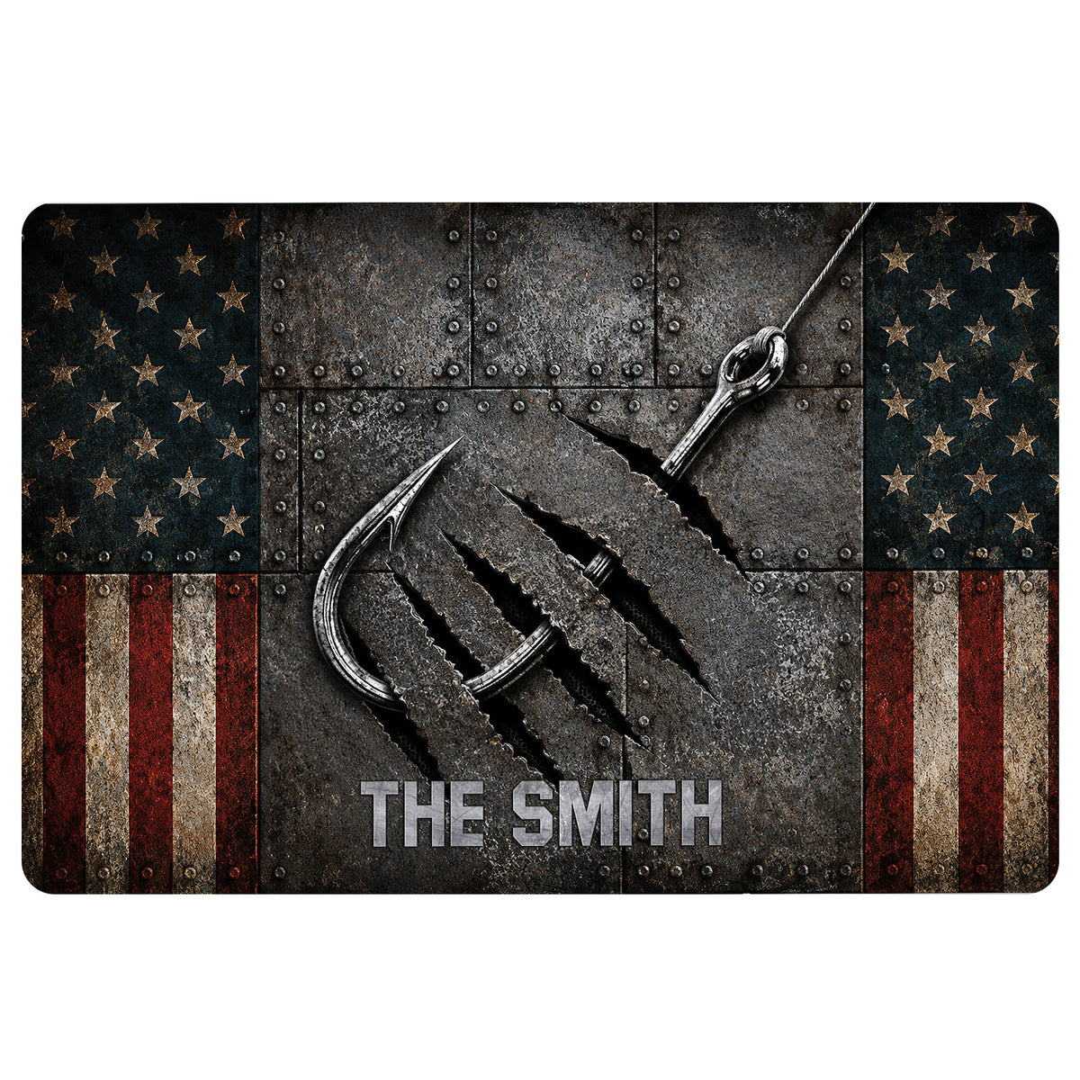 Fishing-themed doormat with large hooks, rugged metal texture, star-and-stripe border, and bold central lettering