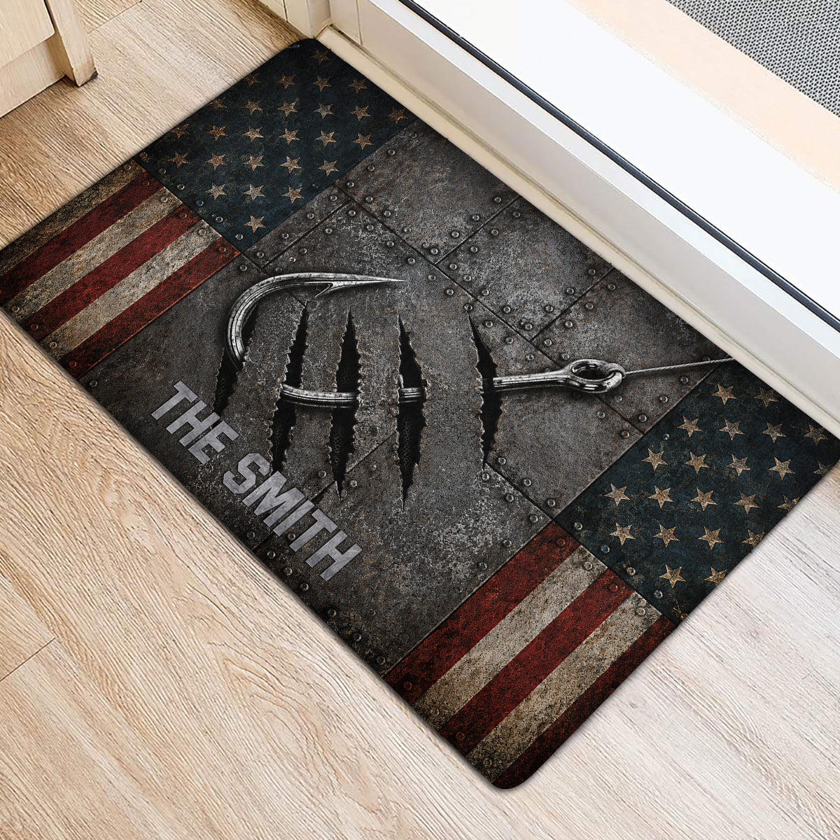 Rugged fishing-themed door mat with hook artwork and star-and-stripe border positioned at an entry door