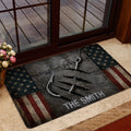 Fishing hook entryway mat displayed near a glass door with a weathered metal and star border design