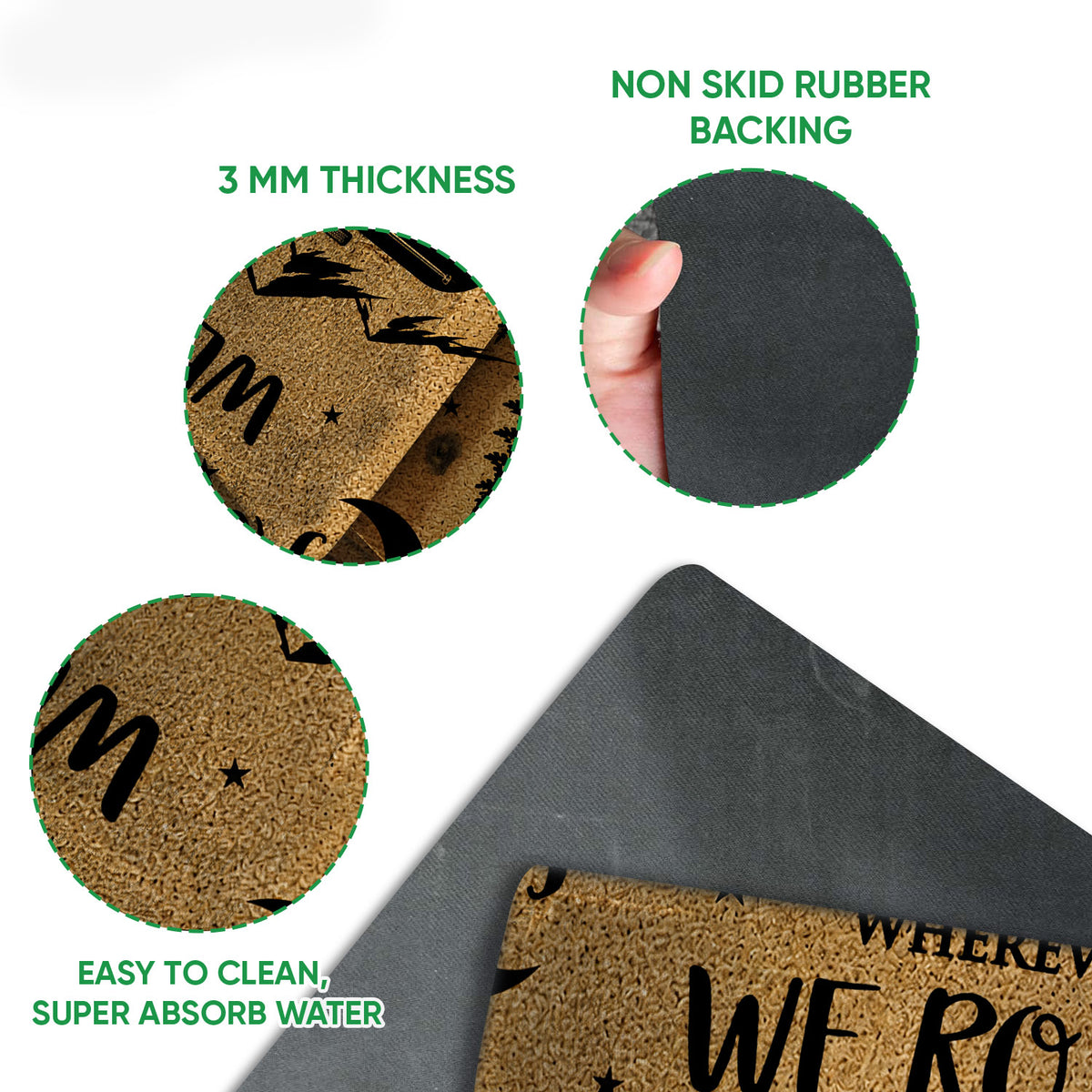 Close-up detail of the camping doormat surface and black rubber backing with rounded corner construction