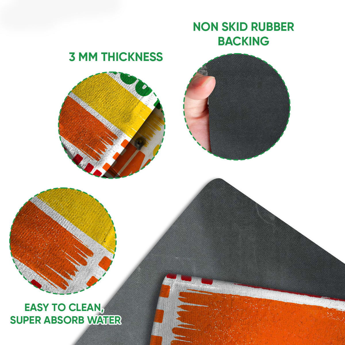 Close-up feature view showing the colorful printed doormat surface, textured top, and black rubber backing