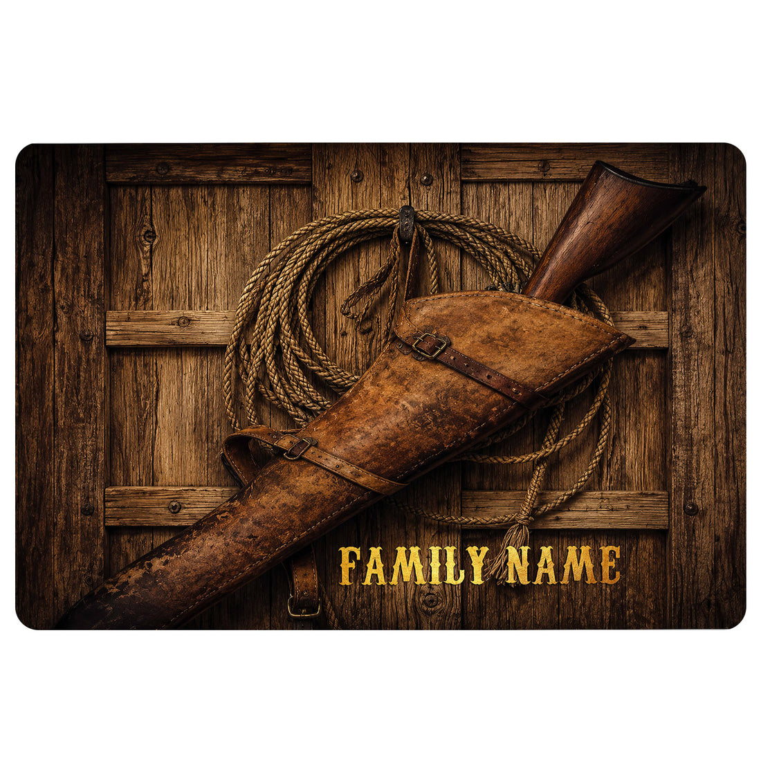 Cowboy doormat featuring a lasso, leather holster, rifle and rustic wood plank artwork