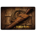 Cowboy doormat featuring a lasso, leather holster, rifle and rustic wood plank artwork