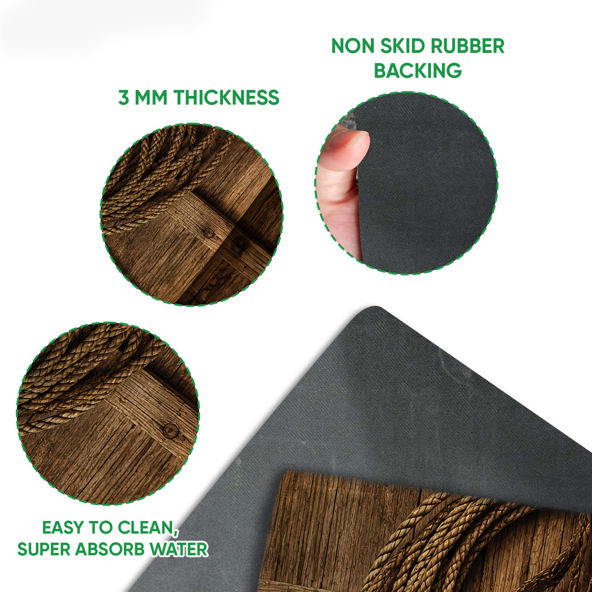 Close-up of cowboy doormat artwork and rubber backing with traction-focused construction details