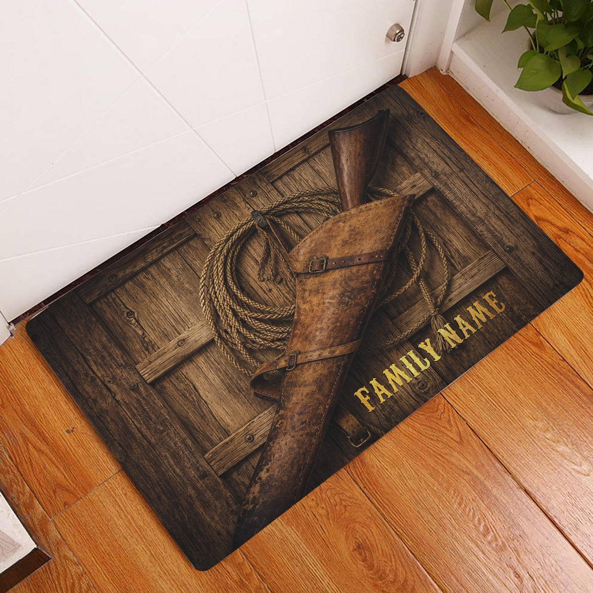 Cowboy doormat displayed in an entryway with rustic wood, lasso and leather holster design