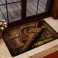 Rustic cowboy entryway rug displayed near a glass door with lasso and leather holster artwork
