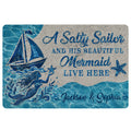 Blue mermaid doormat design with sailboat, waves, starfish, and decorative welcome artwork