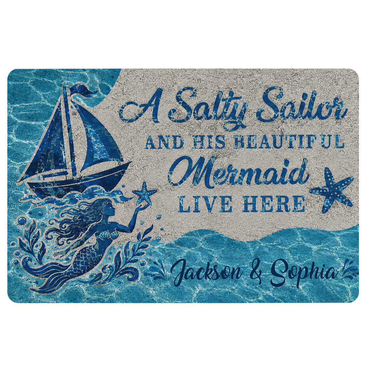 Blue mermaid doormat design with sailboat, waves, starfish, and decorative welcome artwork