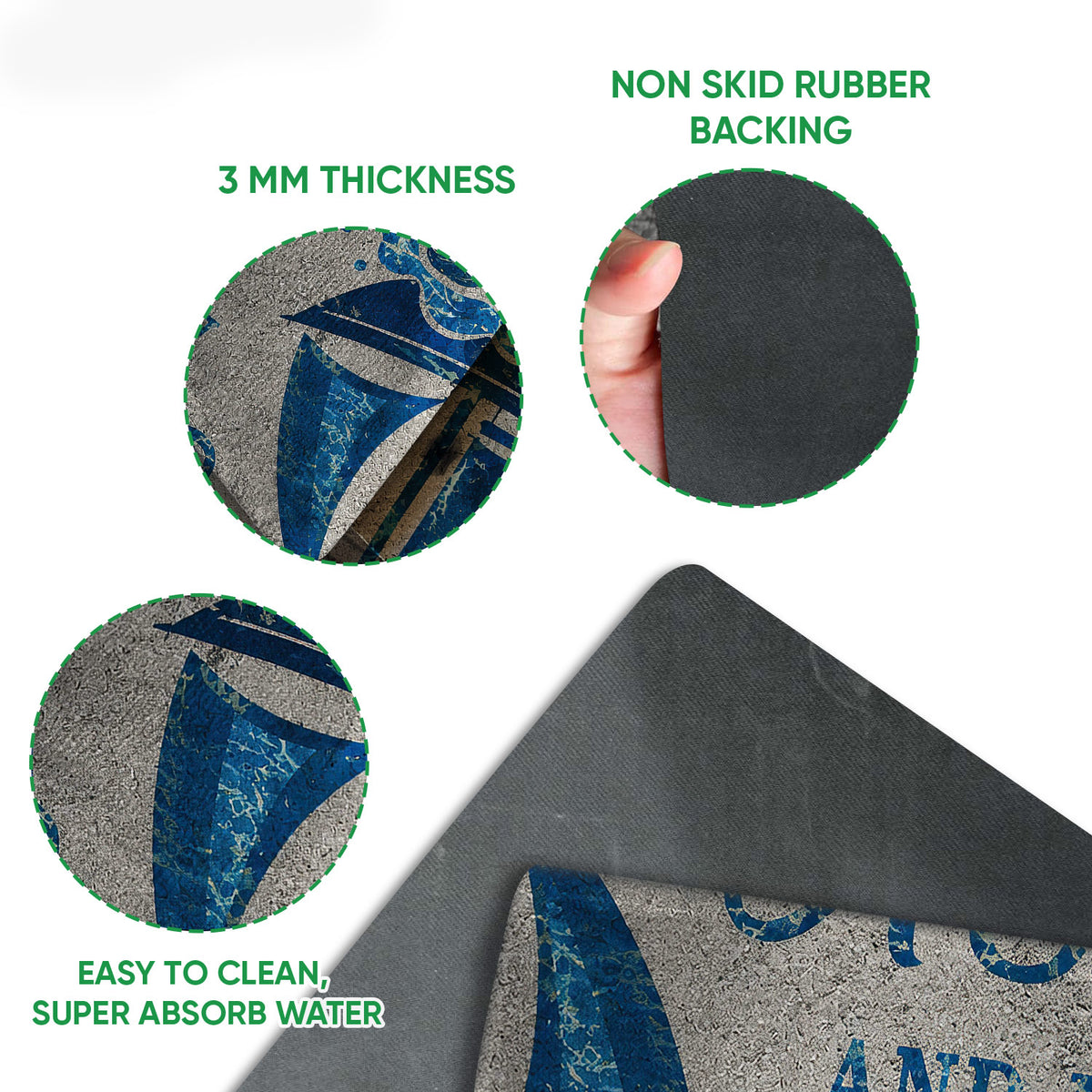 Mermaid doormat feature view showing printed surface, rubber backing, and thin profile