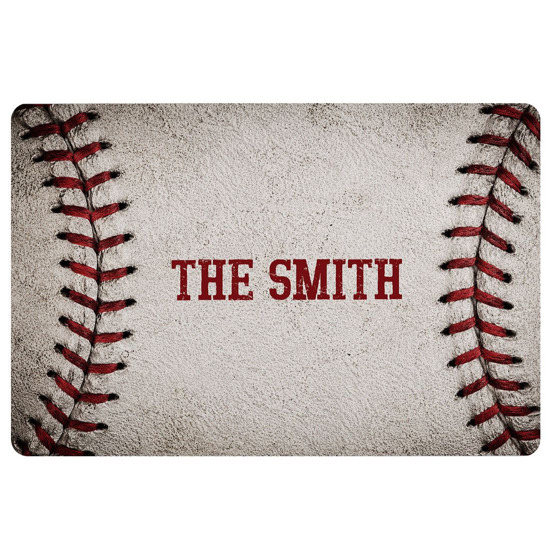 Baseball doormat with realistic red stitching along both sides and centered block lettering