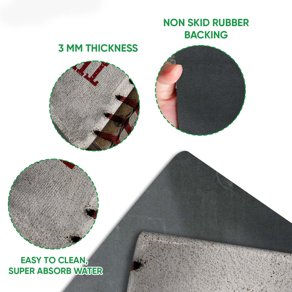 Close-up of baseball doormat surface, rubber backing, thin profile, and easy-clean construction