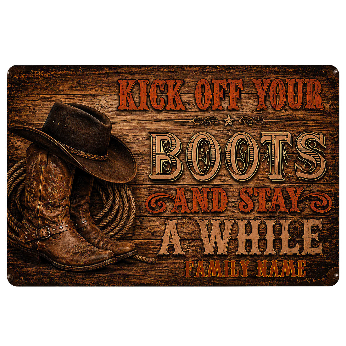 Rustic cowboy doormat with boots, hat, rope and western lettering on a weathered wood background