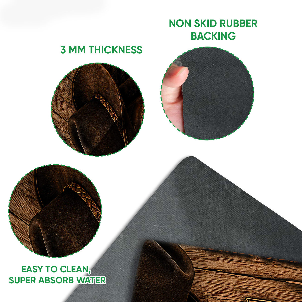 Close-up detail of cowboy doormat artwork and black rubber backing with easy-clean construction