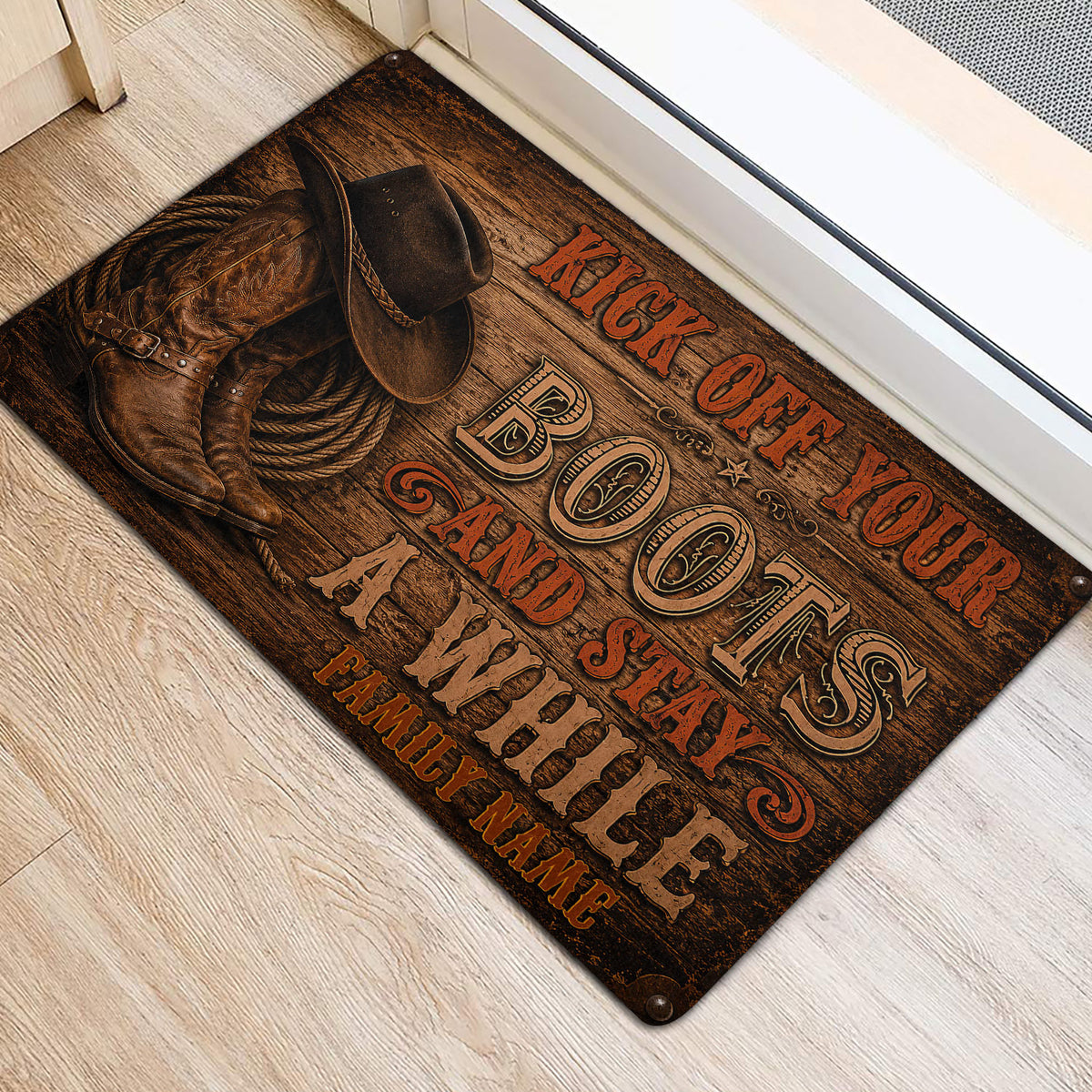Western cowboy door mat placed near an entrance, featuring rustic wood styling and boot artwork