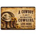 Western cowboy doormat featuring a cowboy hat, boots, rope, sunflowers, cactus accents, and rustic typography
