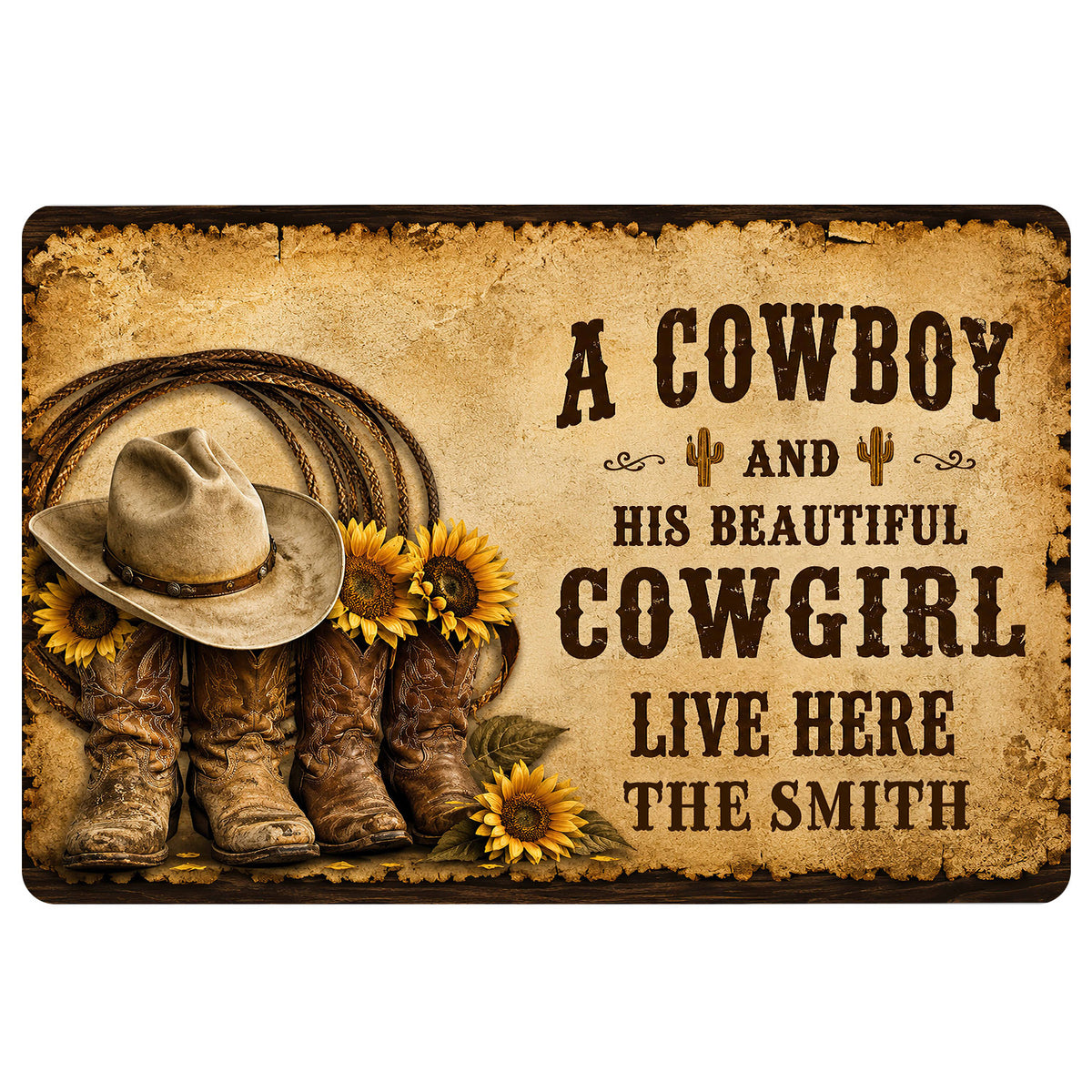Western cowboy doormat featuring a cowboy hat, boots, rope, sunflowers, cactus accents, and rustic typography