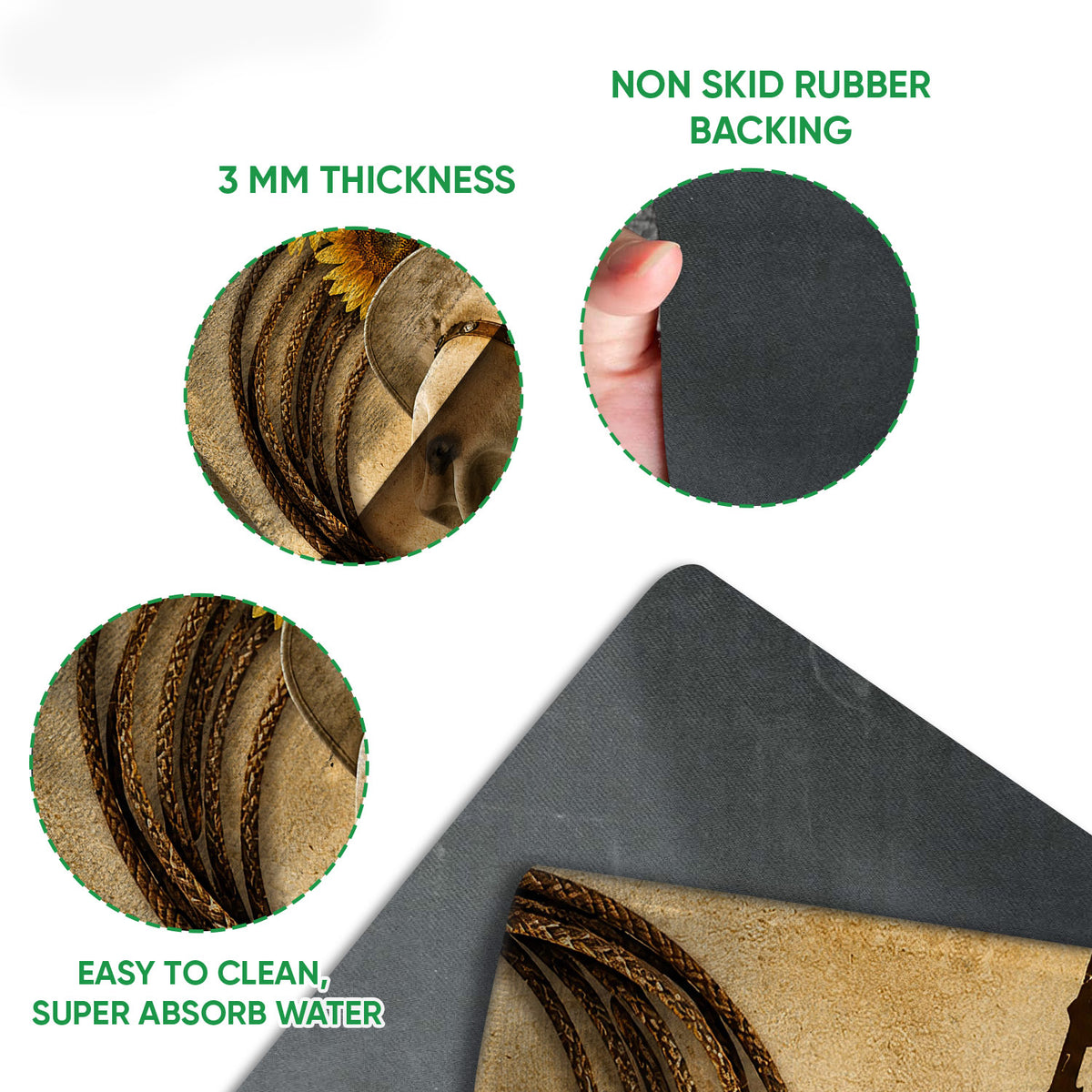 Close-up view of the western cowboy doormat surface and dark rubber backing with traction-focused construction