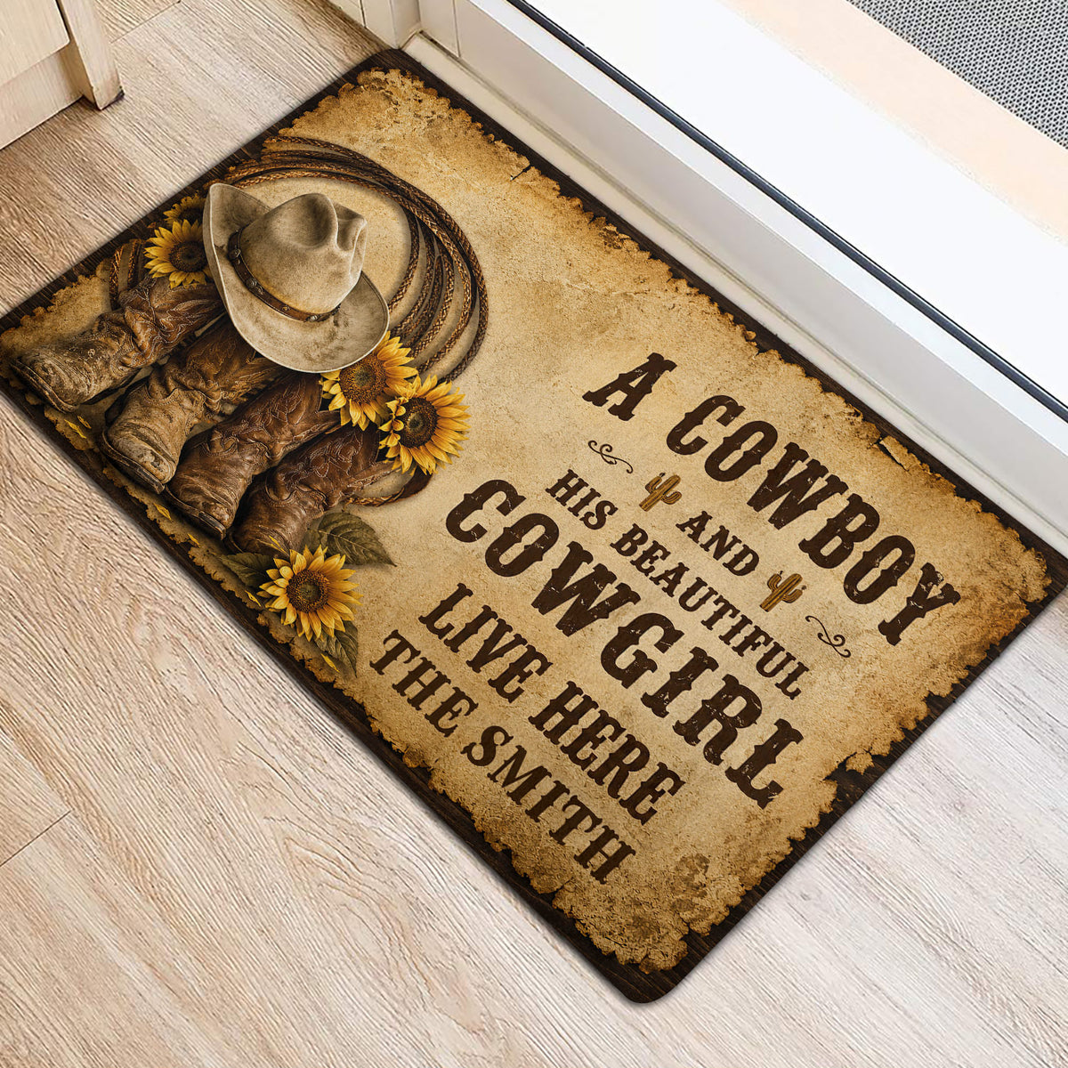 Rustic cowboy doormat placed inside an entryway, showing cowboy boots, hat, sunflowers, and western lettering