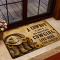 Cowboy-themed entryway mat styled beside a glass door with a hat, boots, rope, and sunflower artwork