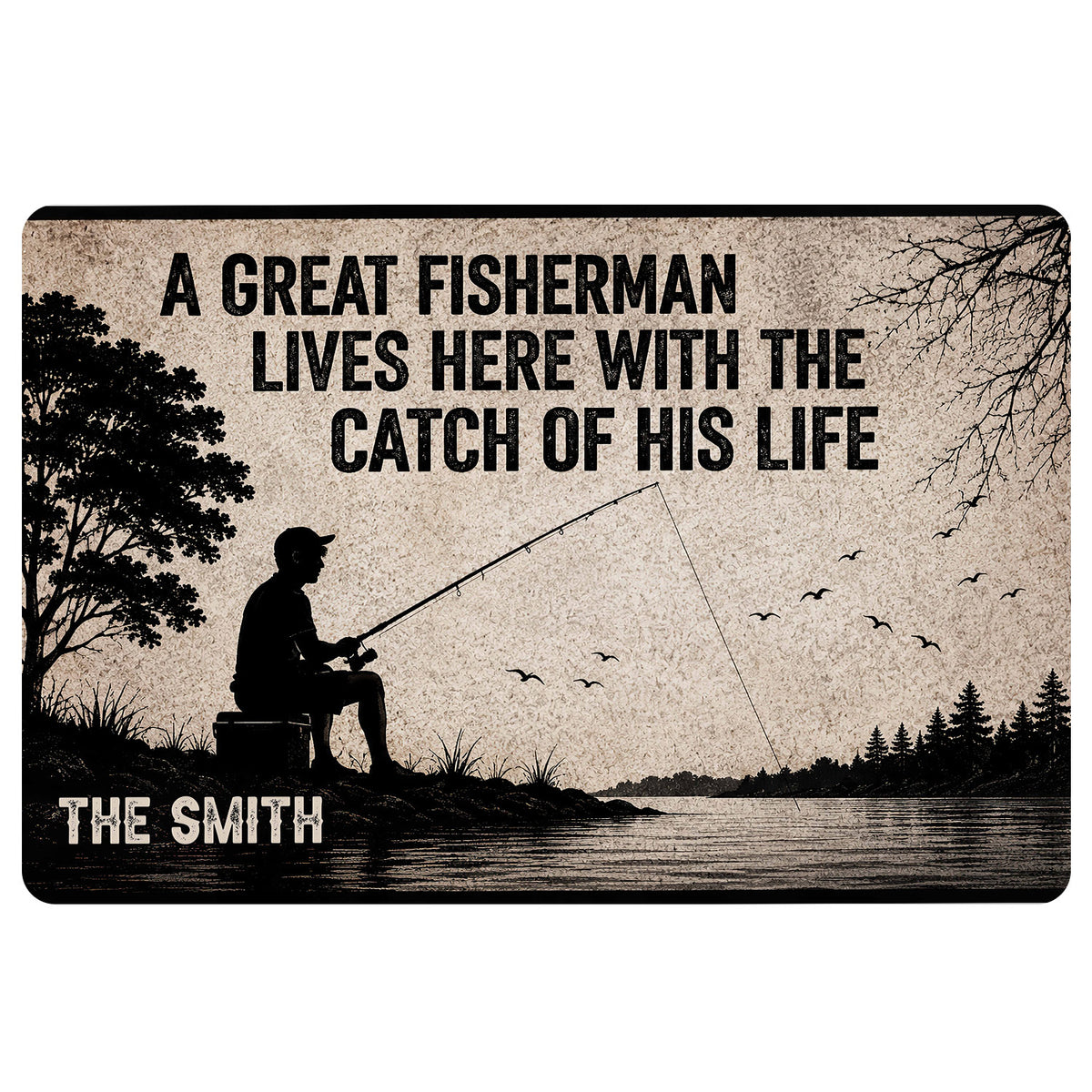 Fishing doormat with a silhouetted angler casting beside a lake, trees, birds and rustic shoreline artwork