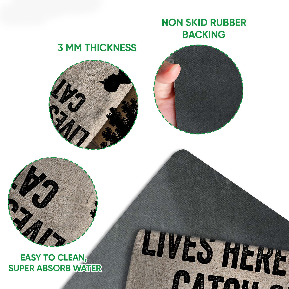 Close-up feature view of the fishing doormat showing its printed surface and dark rubber backing