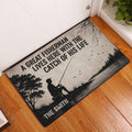 Fishing doormat displayed inside an entryway with a lake scene, angler silhouette and rustic black border