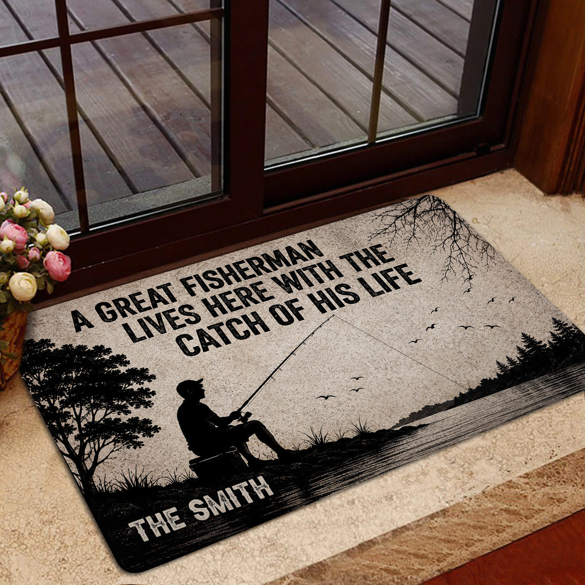 Fishing entryway rug shown by a glass door with an angler lake scene and rustic outdoor artwork