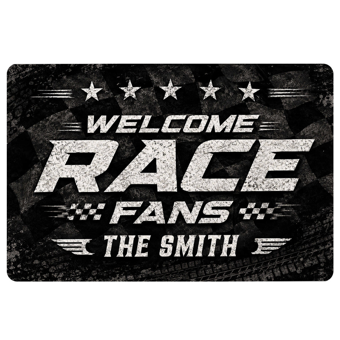 Black racing doormat with bold white welcome lettering, stars, checkered accents, and tire-track graphics
