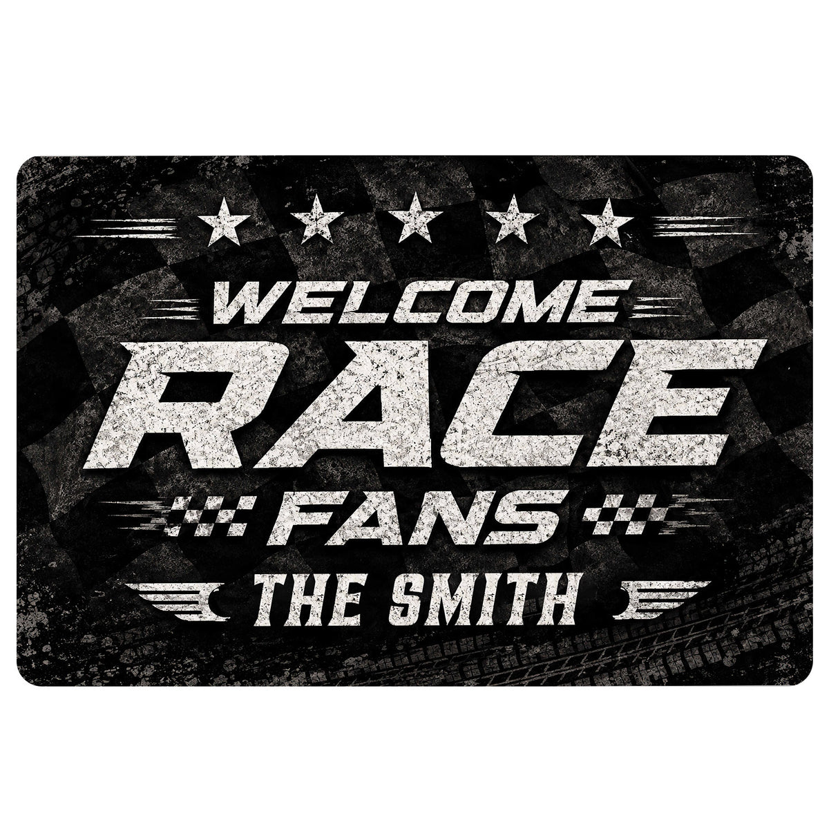 Black racing doormat with bold white welcome lettering, stars, checkered accents, and tire-track graphics