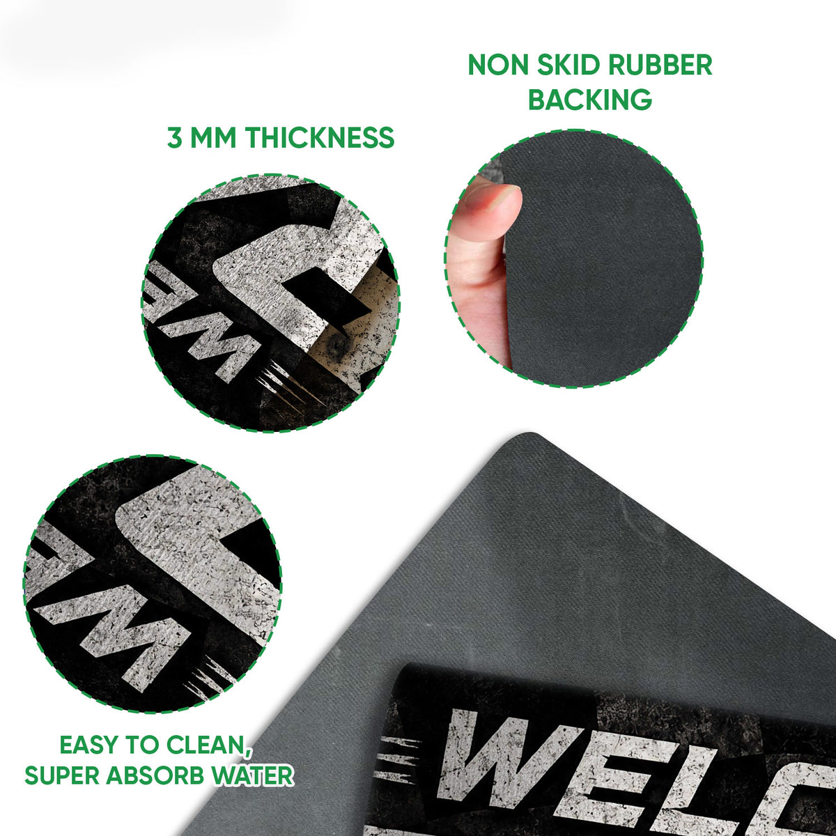 Racing doormat feature view showing printed top, rubber backing, thin profile, and traction-focused construction
