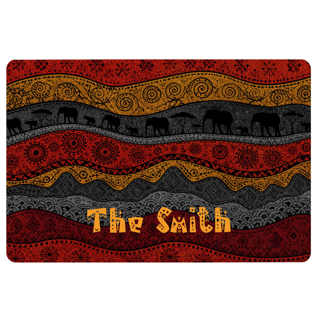 African-inspired doormat with elephant silhouettes, geometric patterns, and red, gold, and charcoal bands