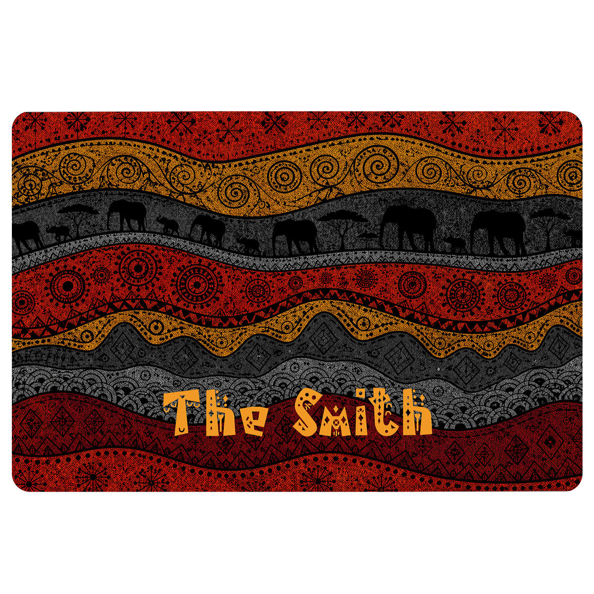 African-inspired doormat with elephant silhouettes, geometric patterns, and red, gold, and charcoal bands