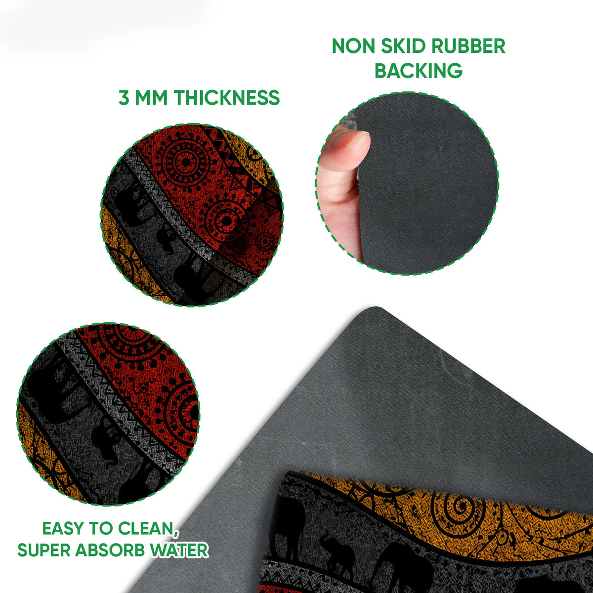 Close-up of African elephant pattern doormat showing the printed surface and black rubber backing