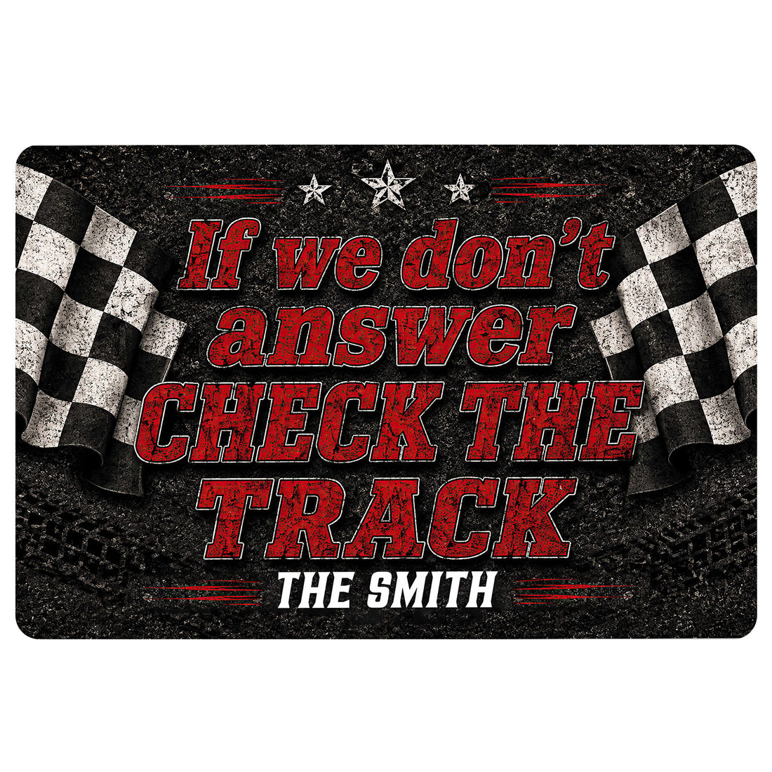 Racing doormat with bold red lettering, black background, checkered flags and track-inspired graphics