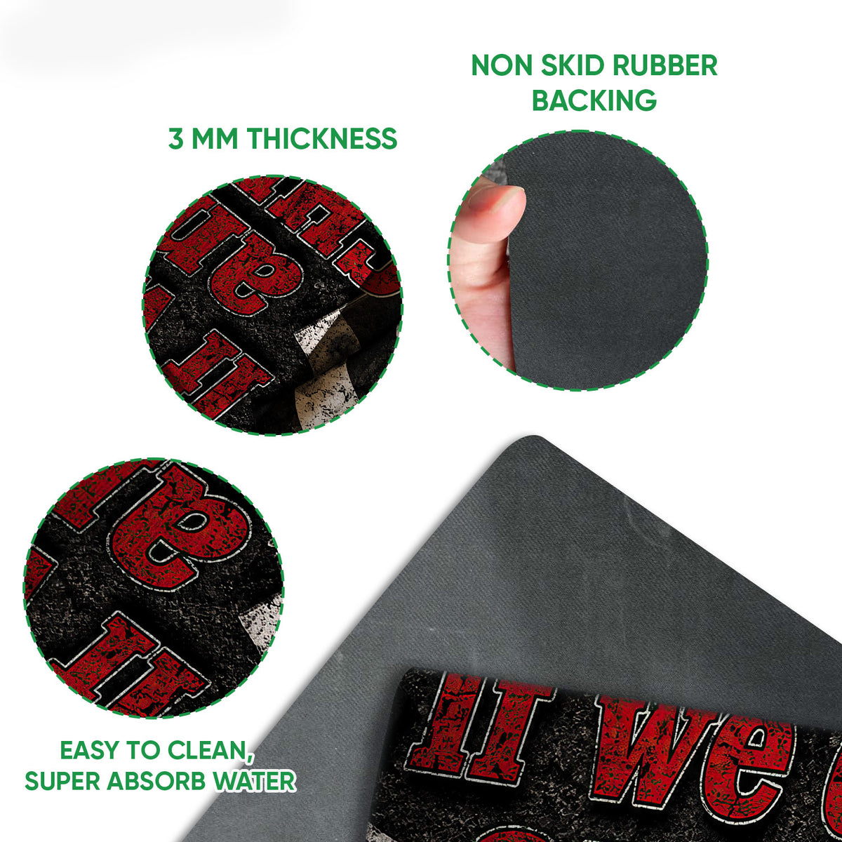 Feature detail view of a racing doormat showing the printed surface, rubber backing and low-profile edge
