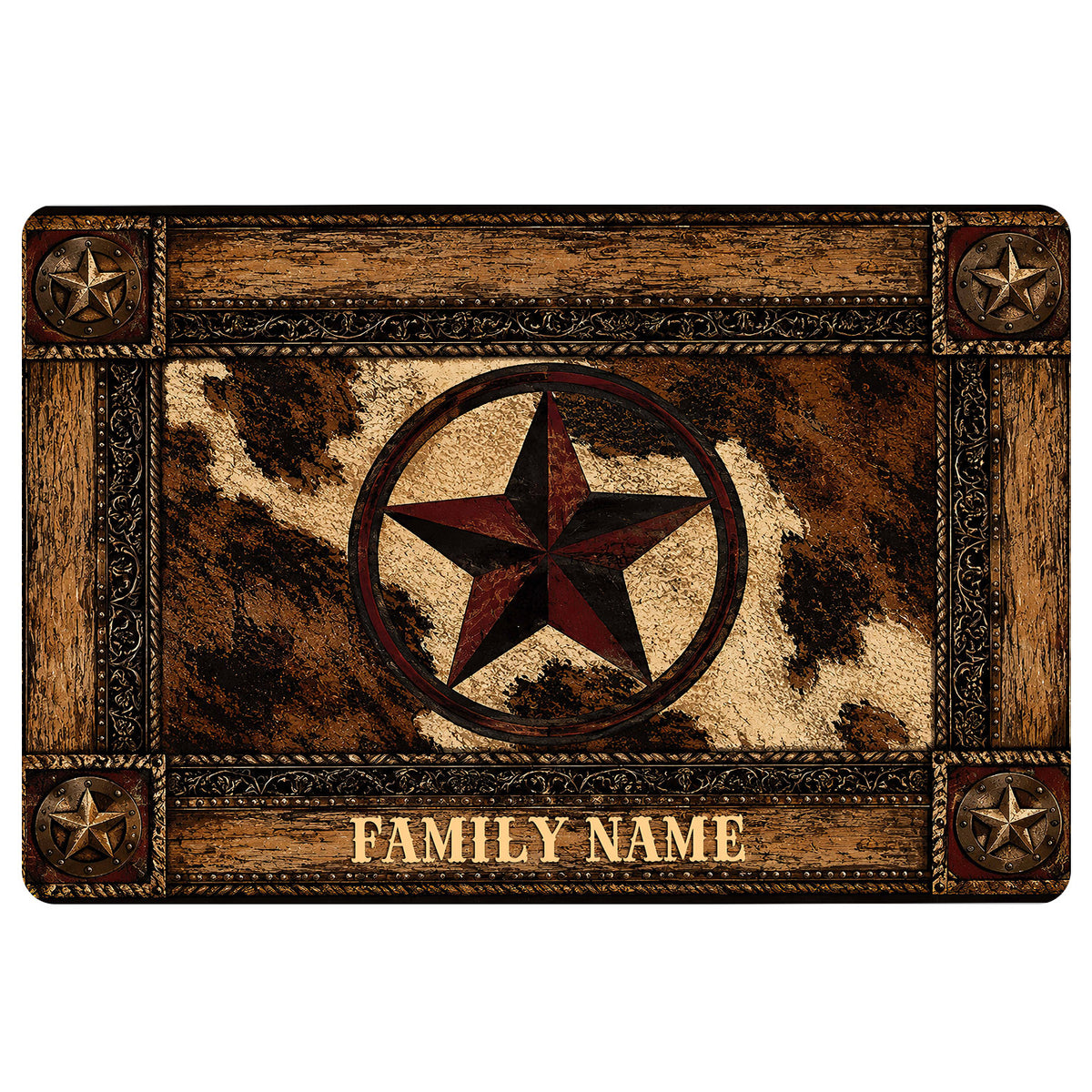 Rustic cowboy doormat with a central Western star, distressed woodgrain border and bronze-toned accents