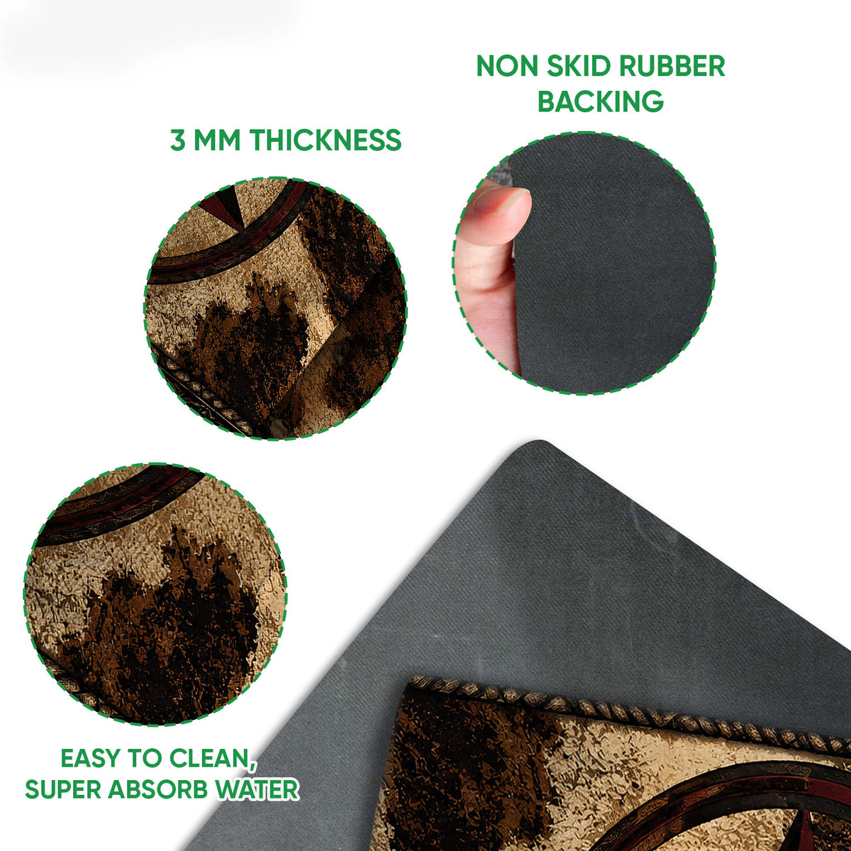 Close-up of the cowboy doormat's textured Western artwork and dark rubber backing