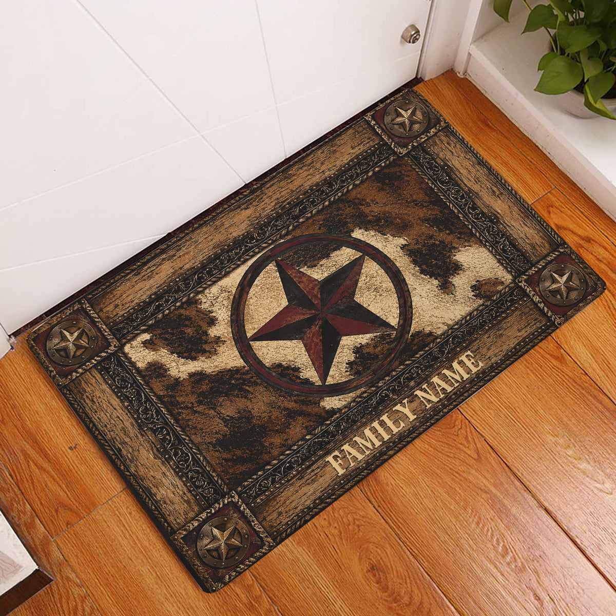 Rustic cowboy star doormat styled inside an entryway on a warm wood floor