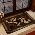 Cowboy-themed entryway doormat with a large Western star and rustic brown border by a glass door