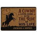 Cowboy doormat featuring a silhouetted rider on horseback, Western typography, and rustic brown and black artwork