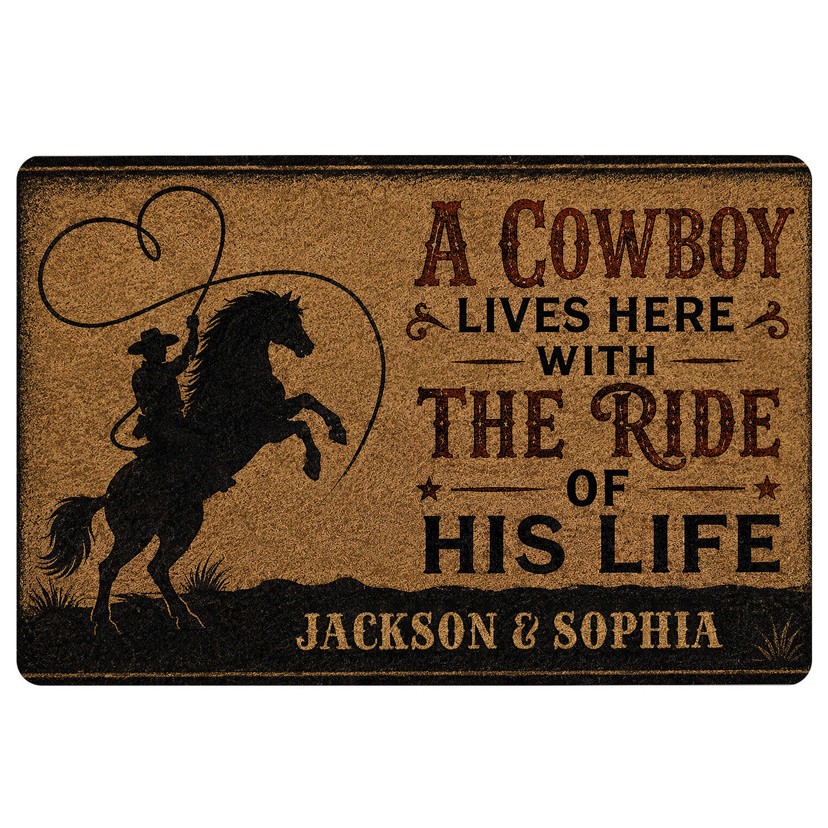 Cowboy doormat featuring a silhouetted rider on horseback, Western typography, and rustic brown and black artwork
