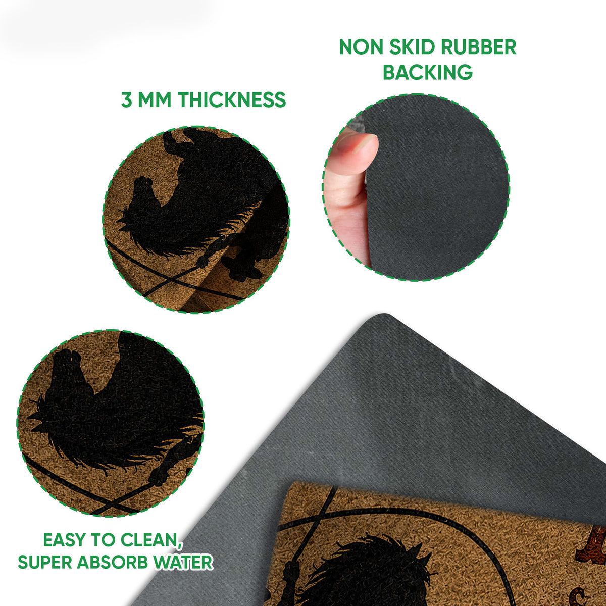 Doormat detail view showing cowboy horse artwork, textured top surface, and dark rubber backing