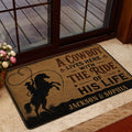 Cowboy doormat styled in a home entrance with a glass door, wood threshold, and Western horse artwork
