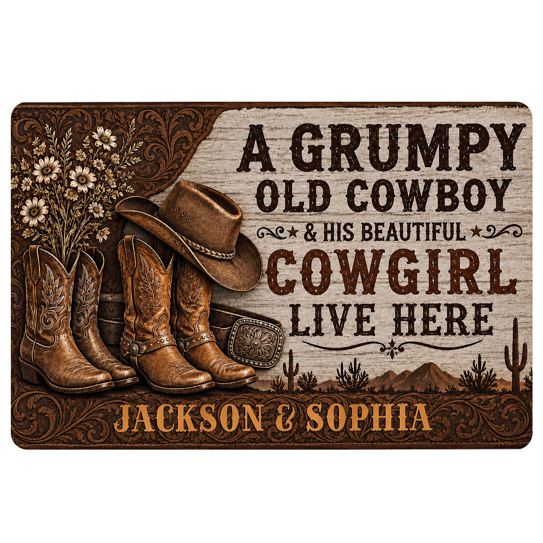 Western cowboy doormat featuring boots, a cowboy hat, floral scrollwork, desert scenery and rustic lettering