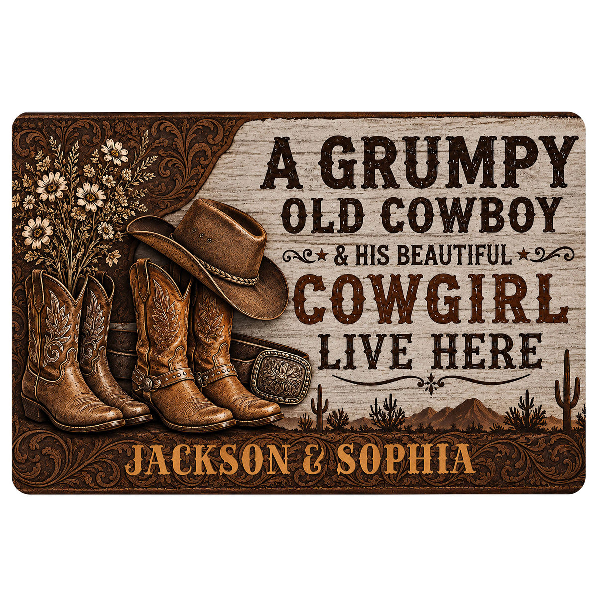 Western cowboy doormat featuring boots, a cowboy hat, floral scrollwork, desert scenery and rustic lettering