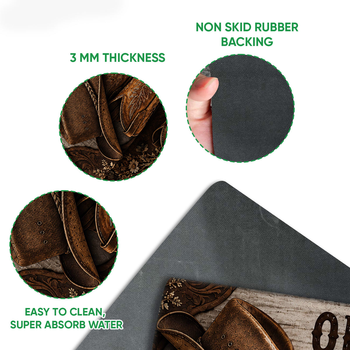 Close-up detail of the cowboy doormat surface and dark rubber backing with thickness and traction callouts