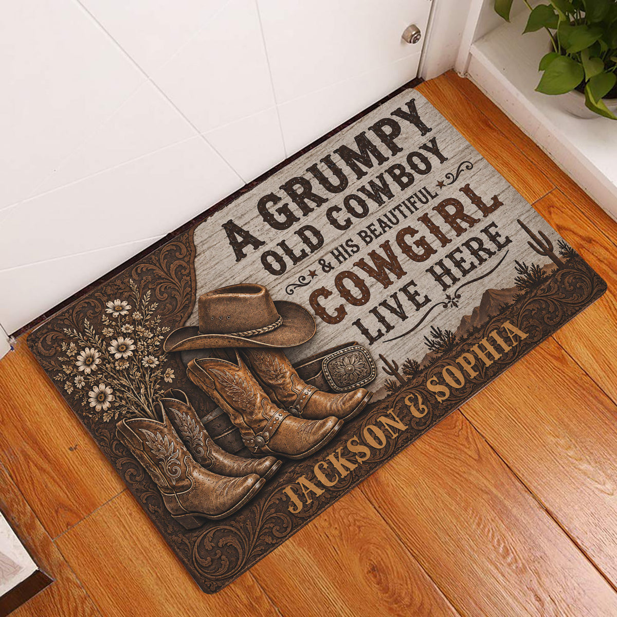 Cowboy-themed doormat displayed at an indoor doorway on a warm wood floor